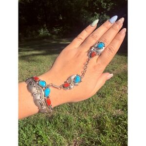 Vintage Native American Sterling Silver Turquoise Coral Bracelet Ring Signed
